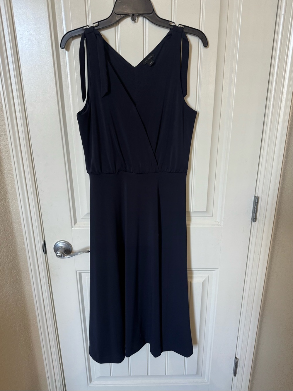 Ann Taylor Navy Tie-Shoulder V-Neck Midi Dress